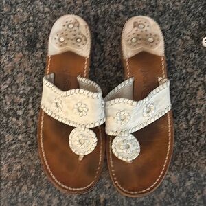 Jack Rogers White and Brown Sandals with Whipstitch Medallion Design